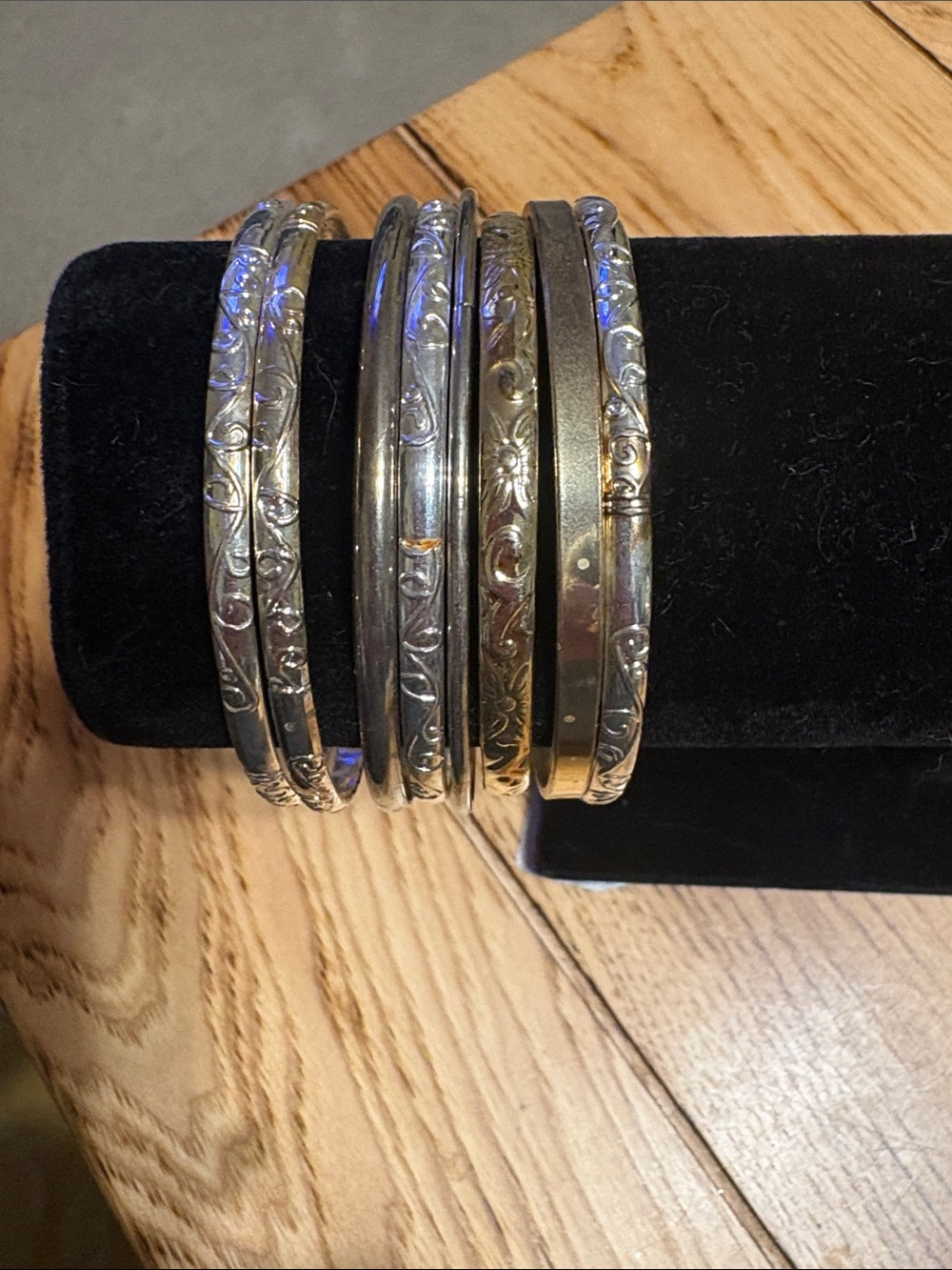 Mixed Metal Engraved Bangle Bracelet Set - Silver & Gold
